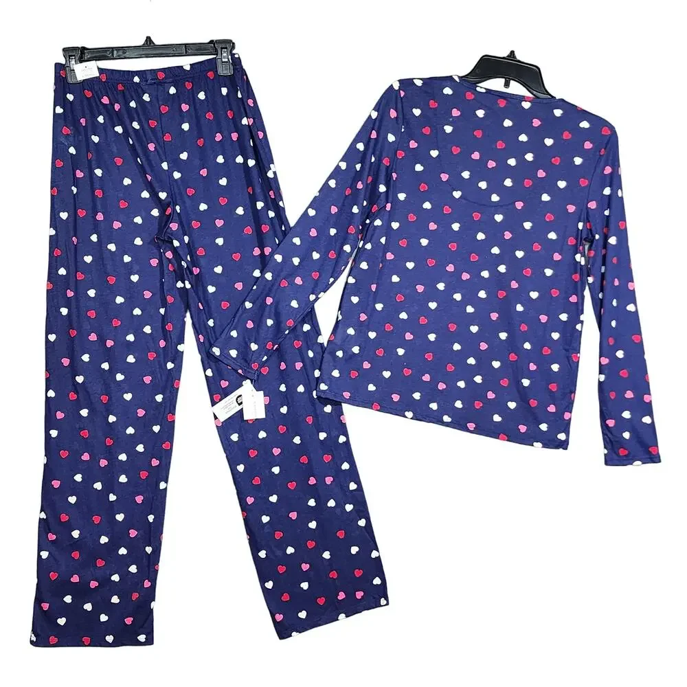 Charter‎ Club Cotton Pajamas Set XS Long Sleeve Lace Trim Navy Blue Multi Hearts - Picture 2 of 8